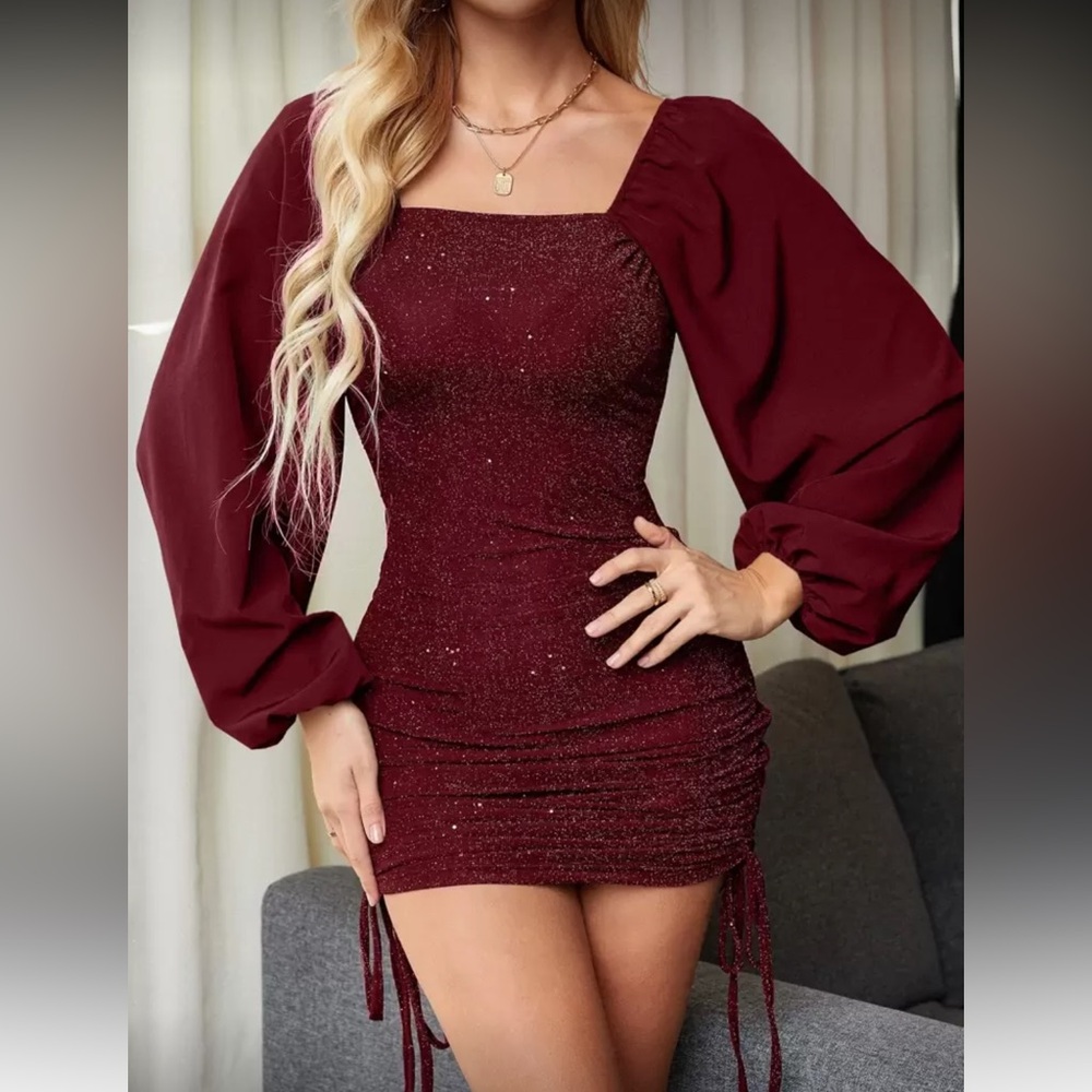 SHEIN Burgundy Mini Dress with Balloon Sleeves